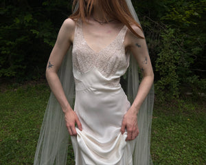 1940s Rayon White Lace Bodice Bias Cut Slip Dress Lace