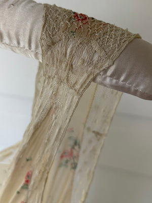 1930s Silk Chiffon Floral Print Cream Lace Bias Cut Slip Dress