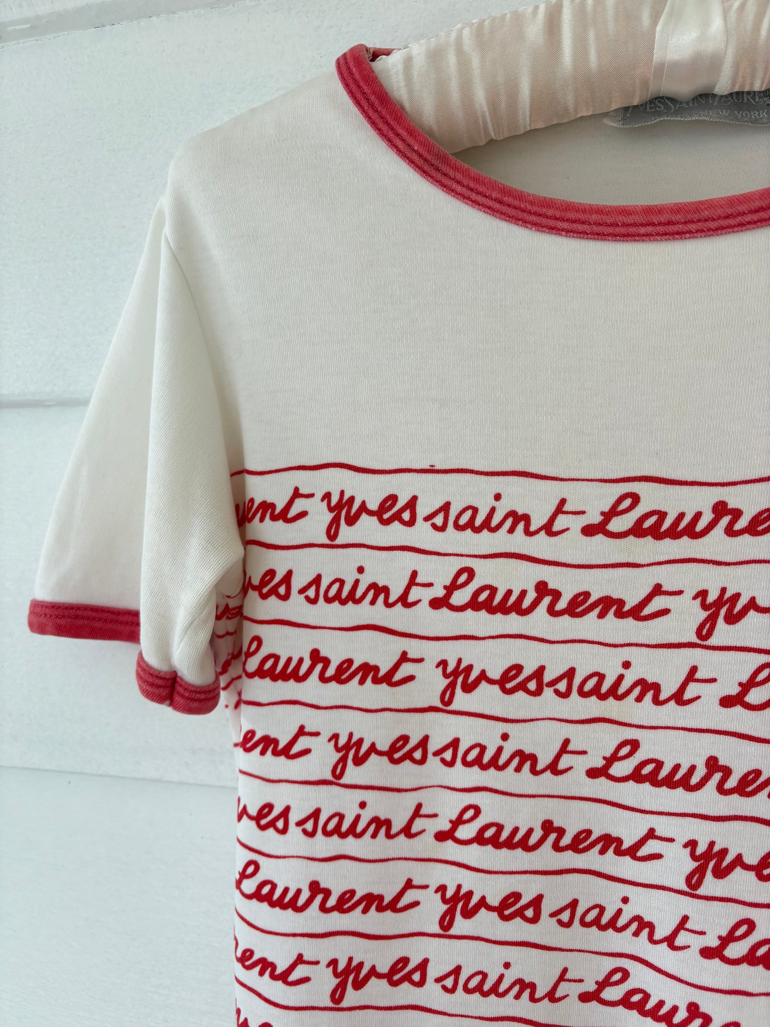 1980s Yves Saint Laurent Script Red White Ringer Tee T Shirt Short Sleeve
