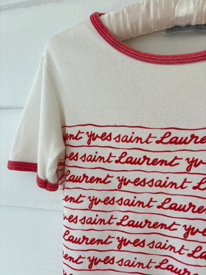 1980s Yves Saint Laurent Script Red White Ringer Tee T Shirt Short Sleeve