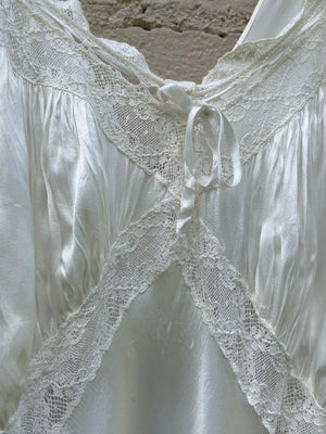 1940s Rayon Satin White Bias Cut Slip Dress Lace Wedding Gown