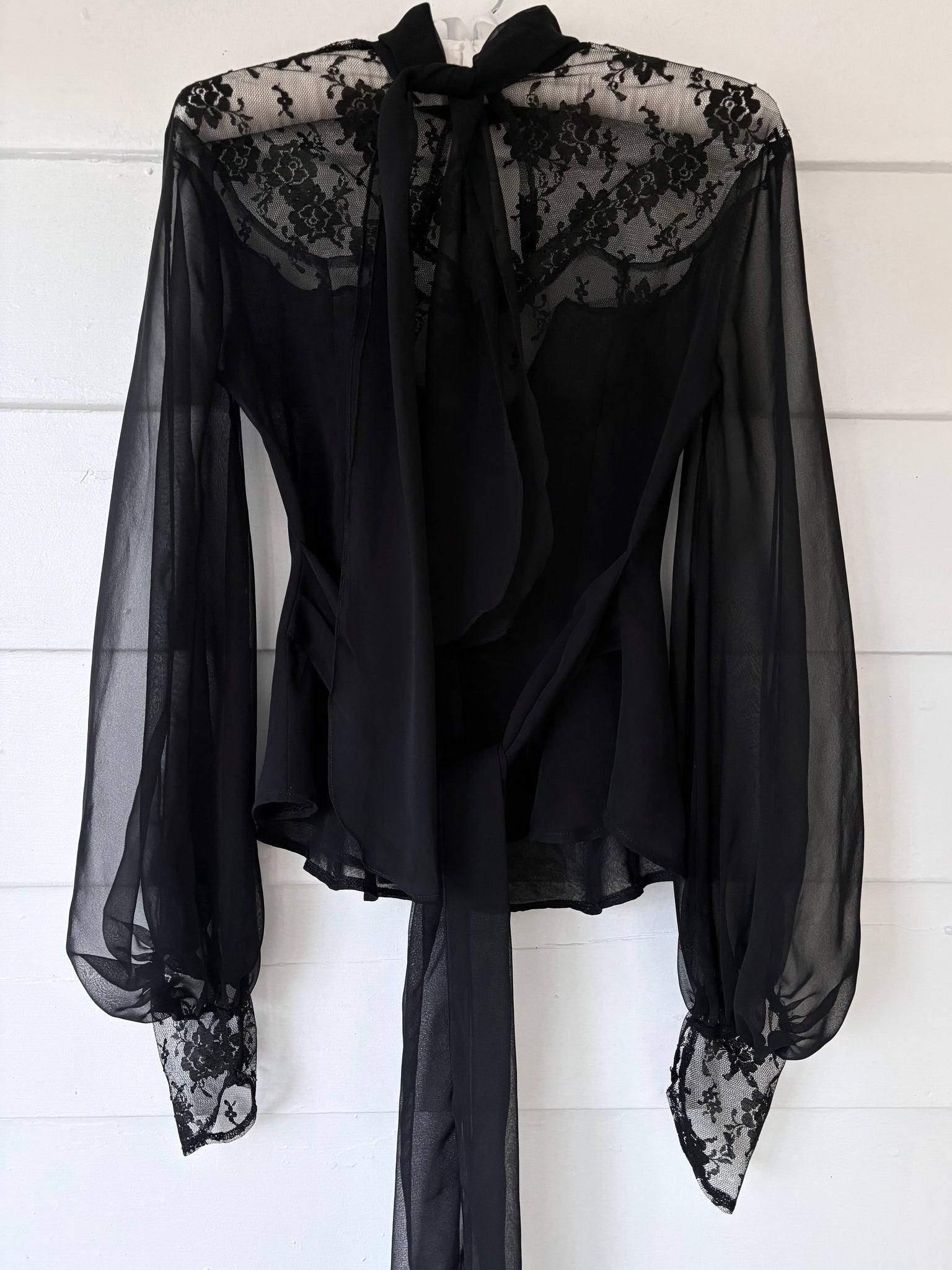 1970s Victorian Style Black Floral Mesh Sheer Lace Long Balloon Sleeve Blouse