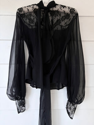 1970s Victorian Style Black Floral Mesh Sheer Lace Long Balloon Sleeve Blouse