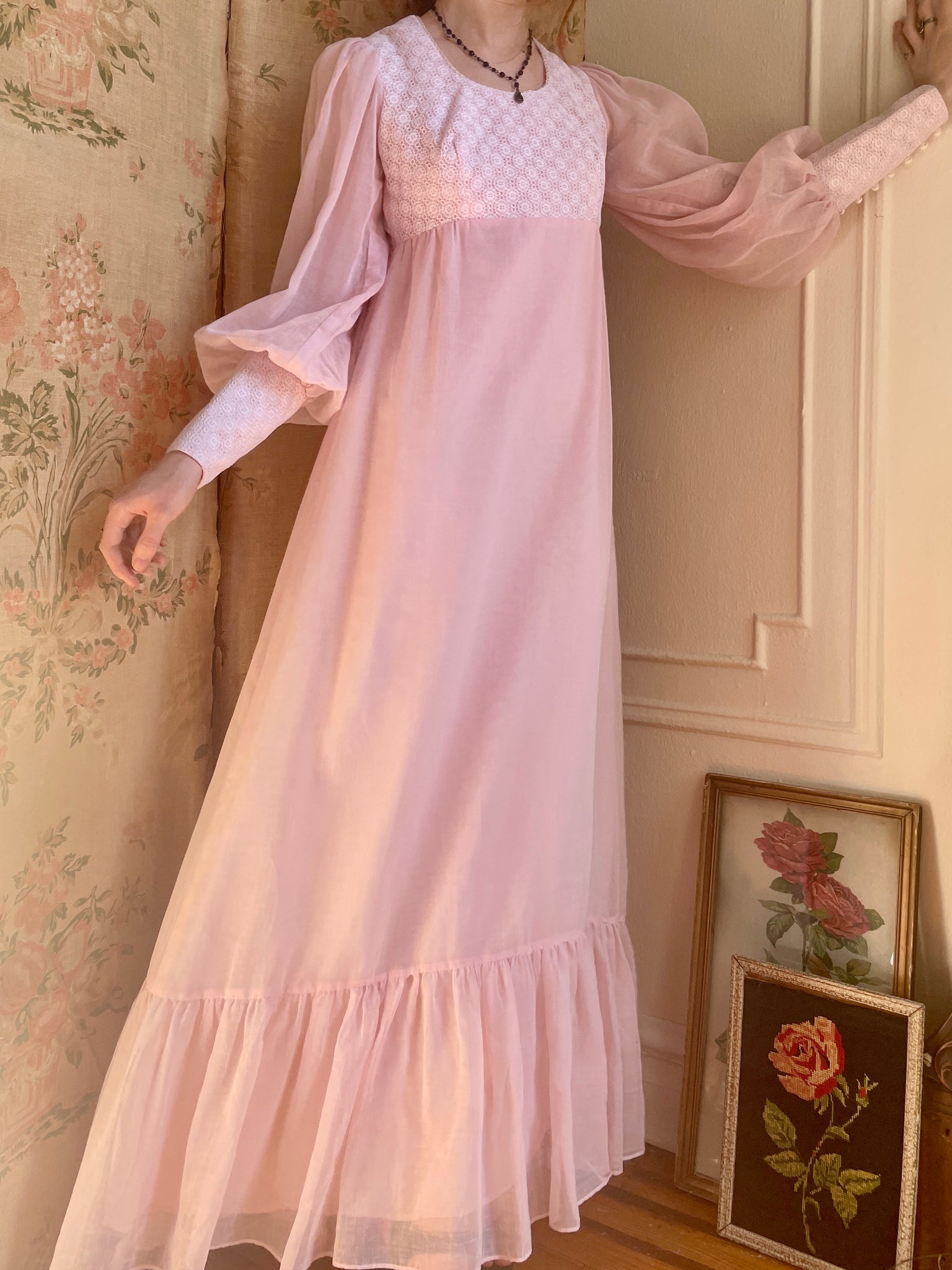1970s Pink Cotton Gauze Prairie Maxi Dress Balloon Sleeve By Candi Jones California