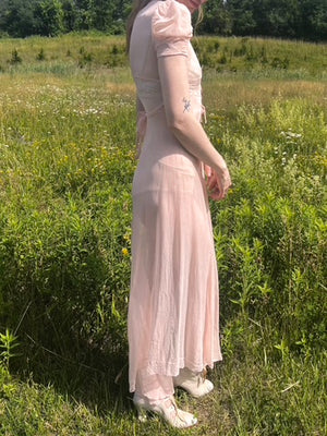 1940s Lace Up Puff Sleeve Sheer Pink Rayon Dress Gown