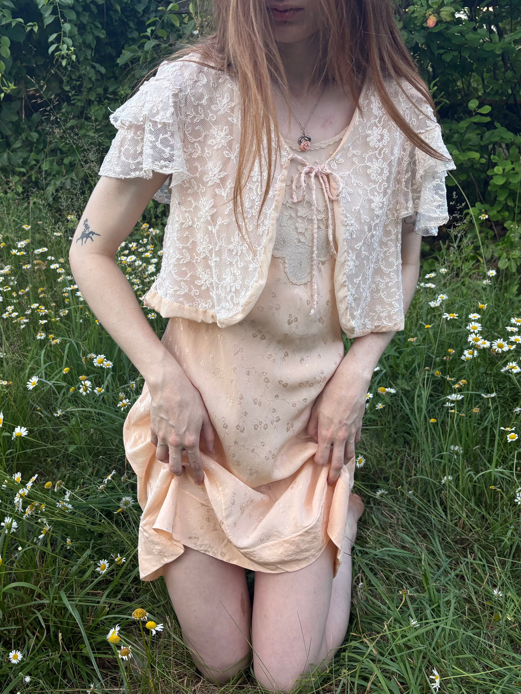 1930s Tambour Lace Bolero Leaf Embroidery Cream Peach Trim Ruffle Sleeve Tie Front Bed Jacket