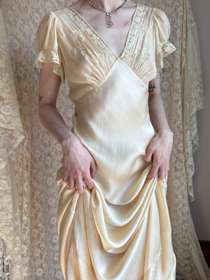 1930s Silk Chiffon Bias Cut Slip Dress Cream Lace Sheer Puff Sleeves Bridal Gown