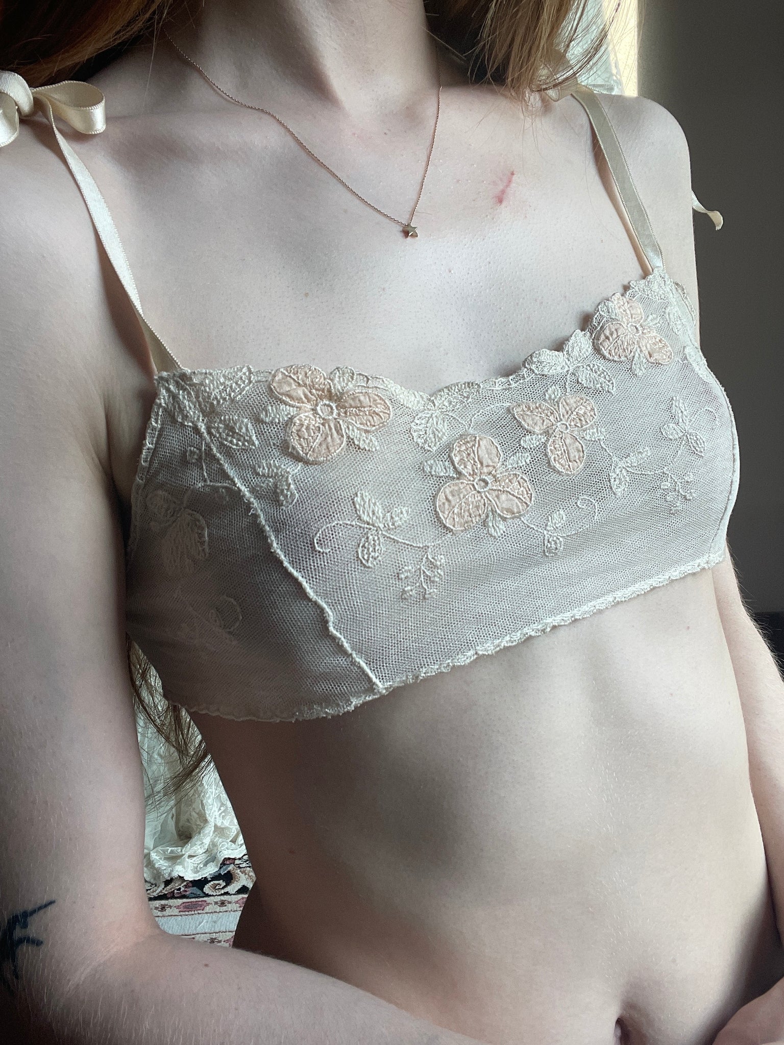 1930s Cream Mesh Floral Appliqué Bra Bralette Ribbon Tie