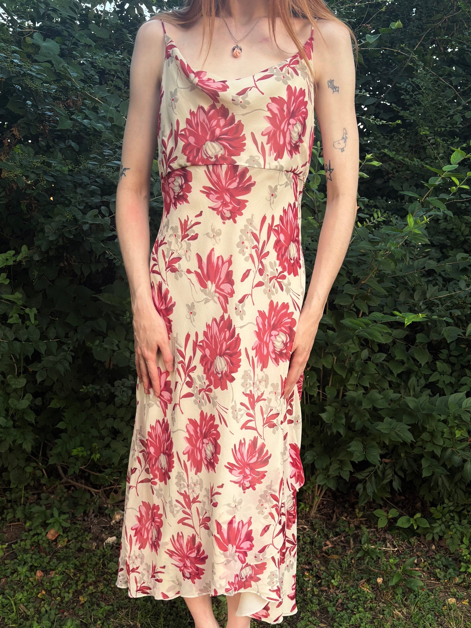 1990s Silk Floral Cream Cowl Neck Dress
