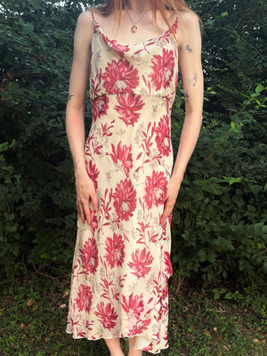 1990s Silk Floral Cream Cowl Neck Dress