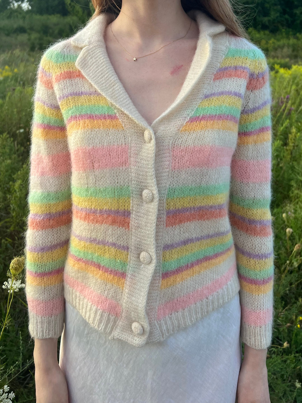 1960s Rainbow Pink Green Mohair Wool Knit Cardigan Sweater