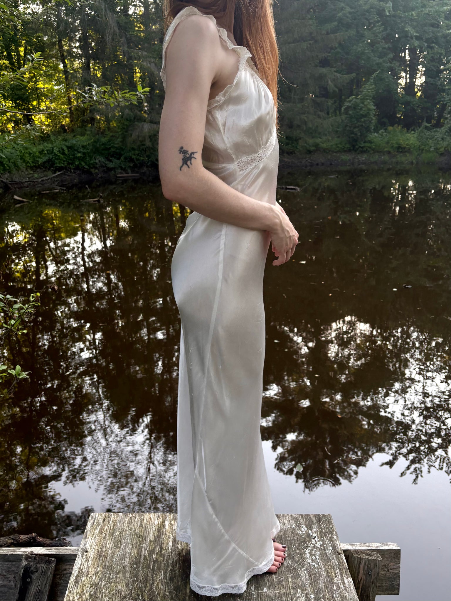1940s Rayon Satin White Bias Cut Slip Dress Lace Wedding Gown