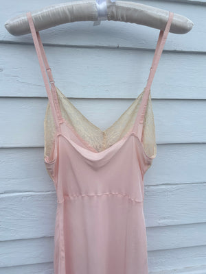 1940s Pale Pink Rose Appliqué Bias Cut Rayon Slip Midi Dress Cream Lace
