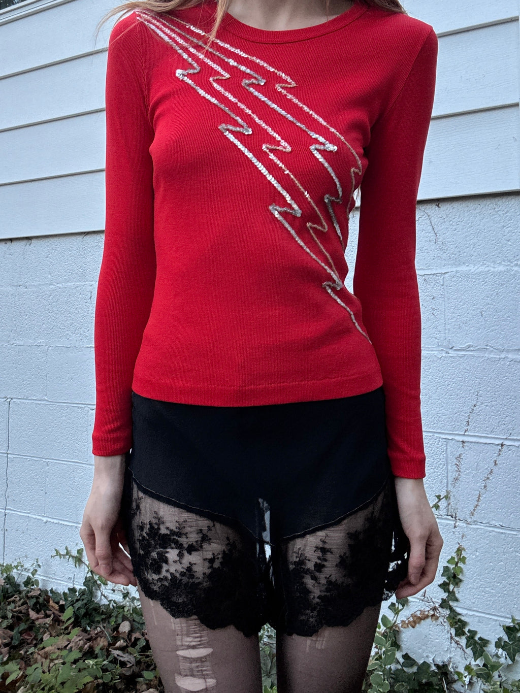 1970s Sequin Lightning Bolts Red Ribbed Tee T Shirt Long Sleeve Charlie’s Girls