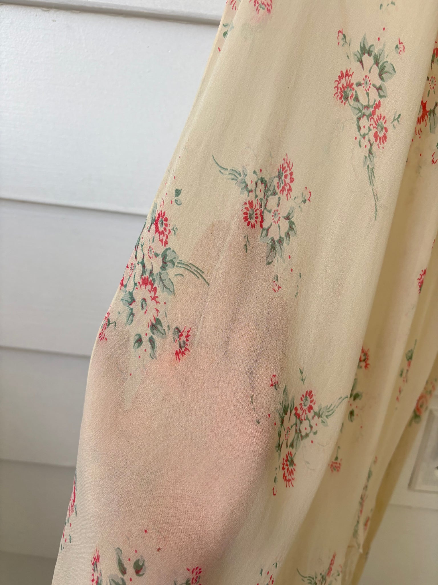 1930s Silk Chiffon Floral Print Cream Lace Bias Cut Slip Dress
