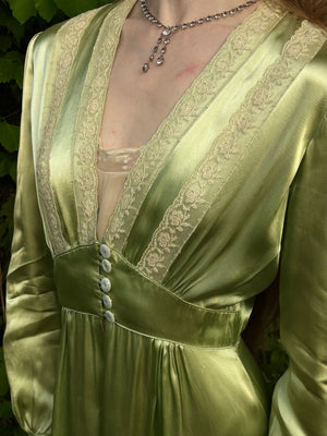 1940s Green Rayon Satin Lace Robe Peignoir