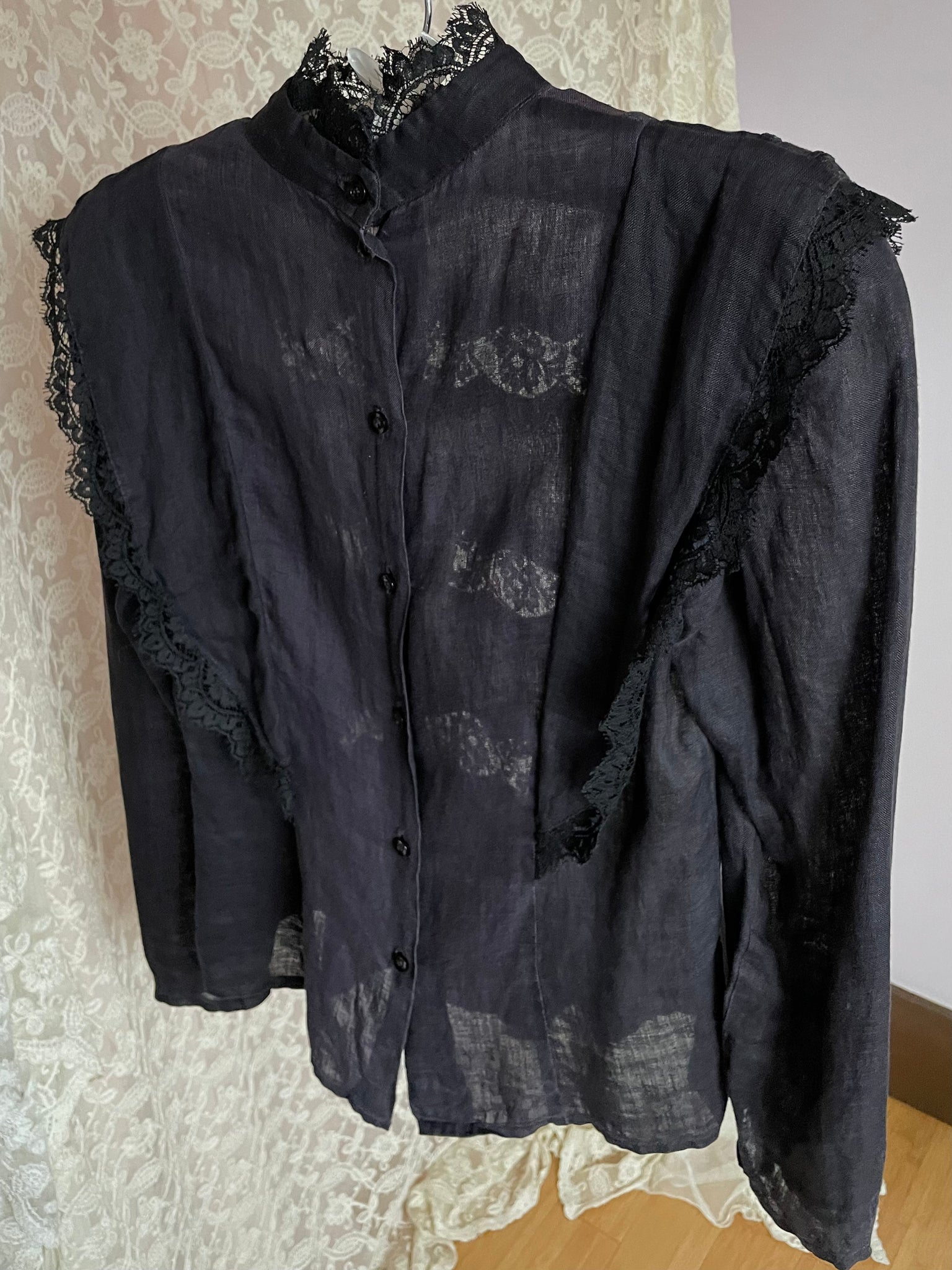 1970s Washed Black Linen Lace Blouse Button Up Back
