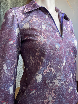 1970s Art Nouveau Woman Face Mucha Print Purple Floral Top Zip Up