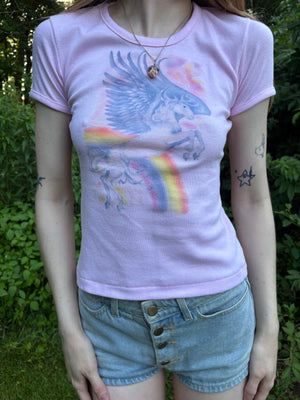 1980s Unicorn Pink Tee T Shirt Short Sleeve French Cut Airbrush
