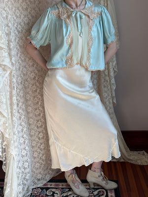 1930s Aqua Blue Silk Bed Jacket Embroidered Puff Sleeves