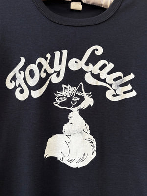 1980s Foxy Lady Black White Tee T Shirt Short Sleeve French Cut Fox Print