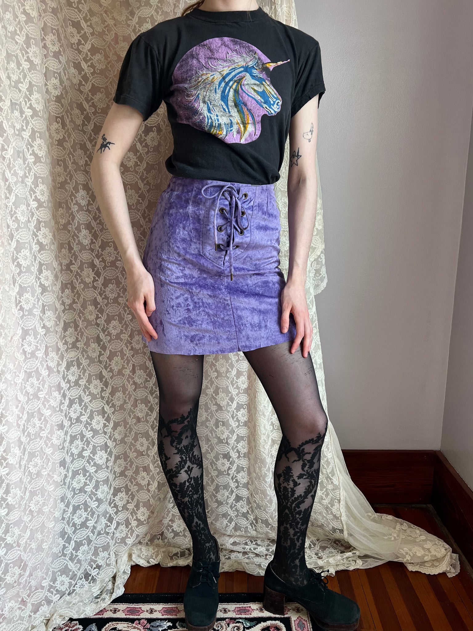 1970s Purple Velvet Lace Up A Line Mini Skirt