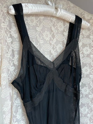 1940s Black Sheer Bias Cut Slip Rayon Dress