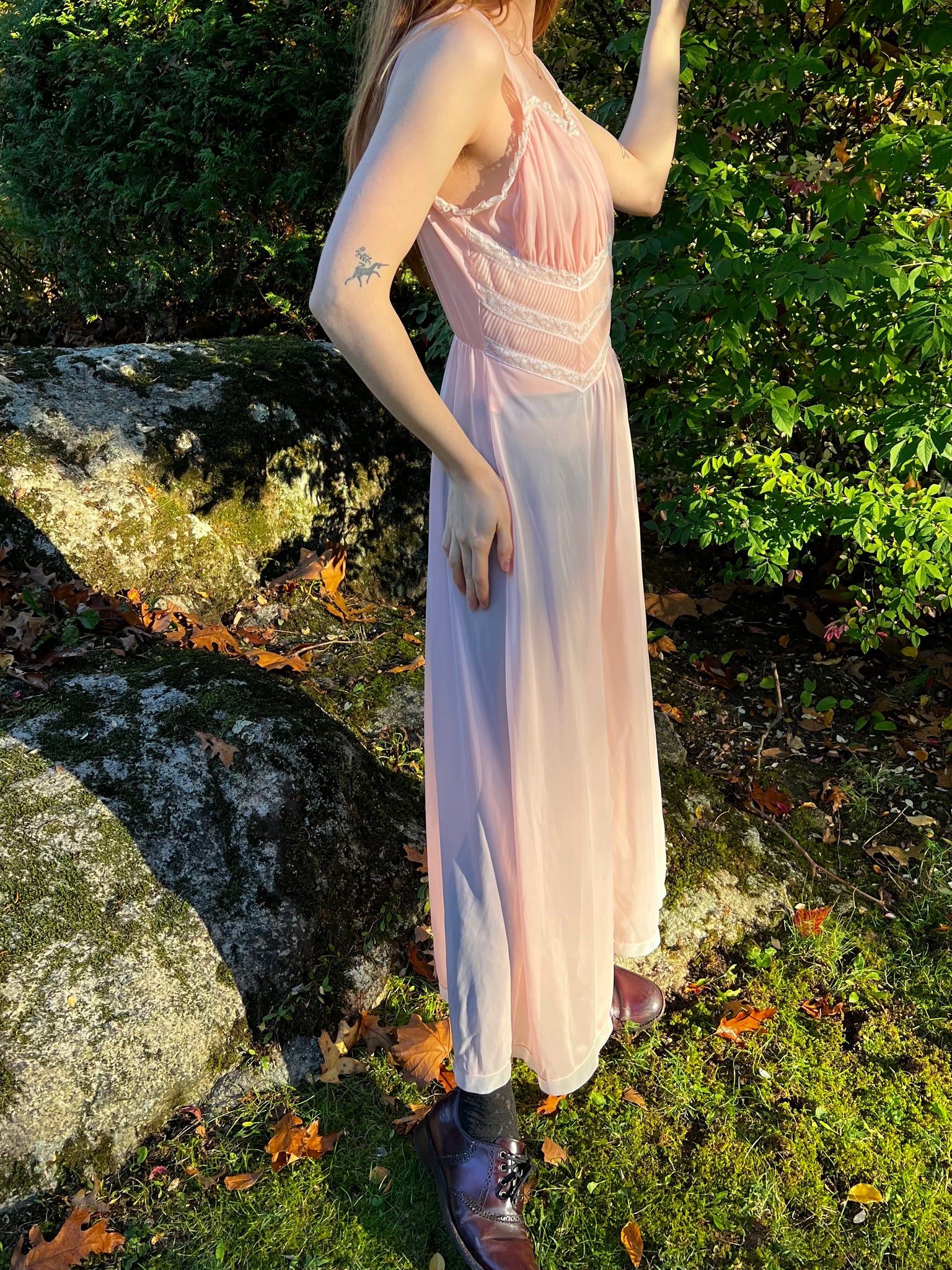 long pink slip dress 1940s Pink Nylon Sheer Lace Ruched Stomach Slip Dress – Breath Of the Earth