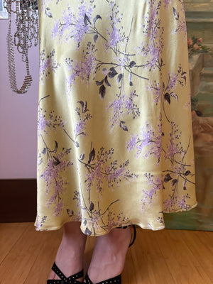 1990s Betsey Johnson Floral Print Bias Cut Dress Gown Light Green Lilac Purple Satin