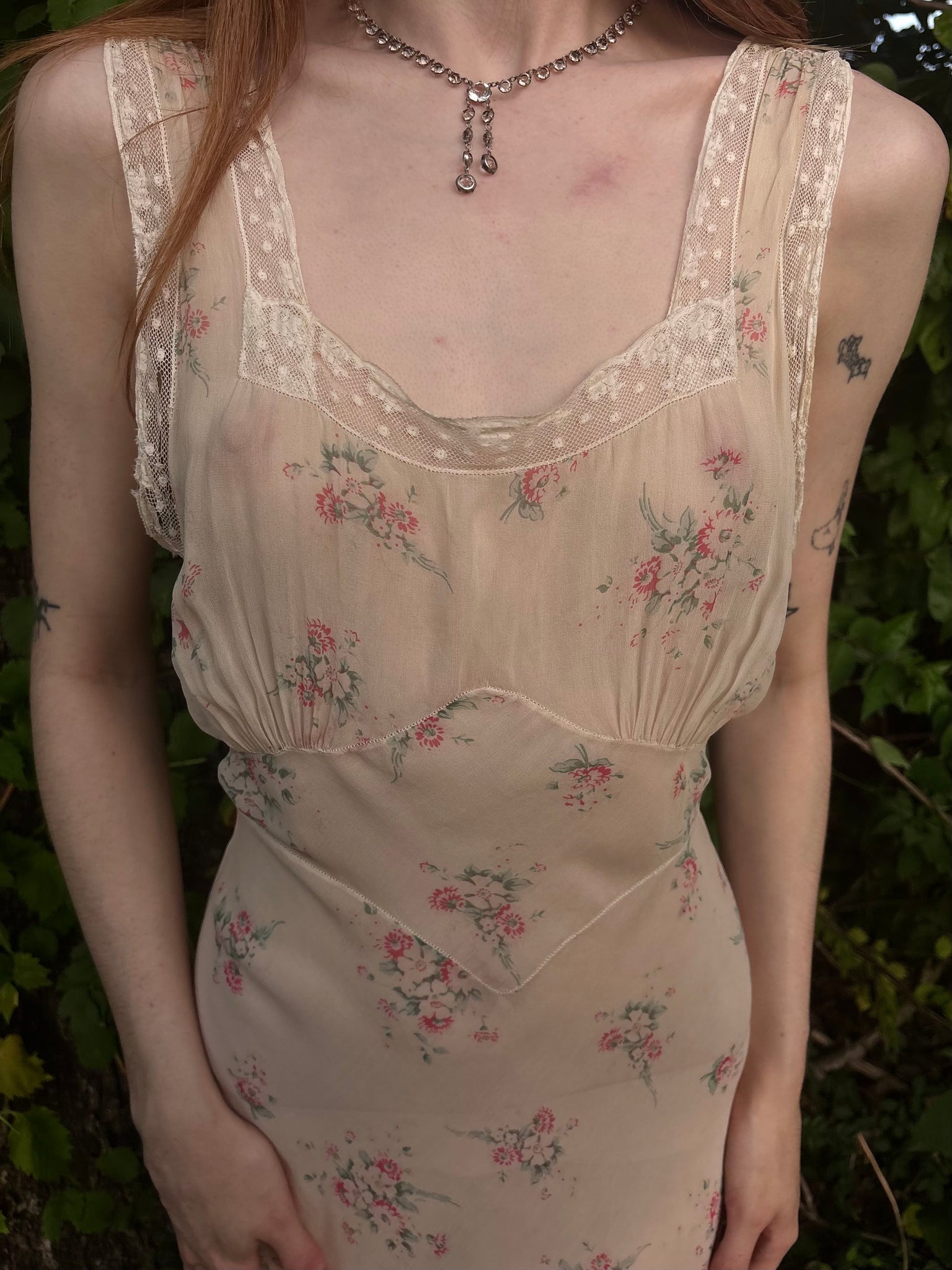 1930s Silk Chiffon Floral Print Cream Lace Bias Cut Slip Dress