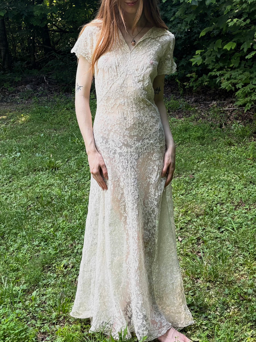 1930s White Lace Sheer Dress Wedding Gown
