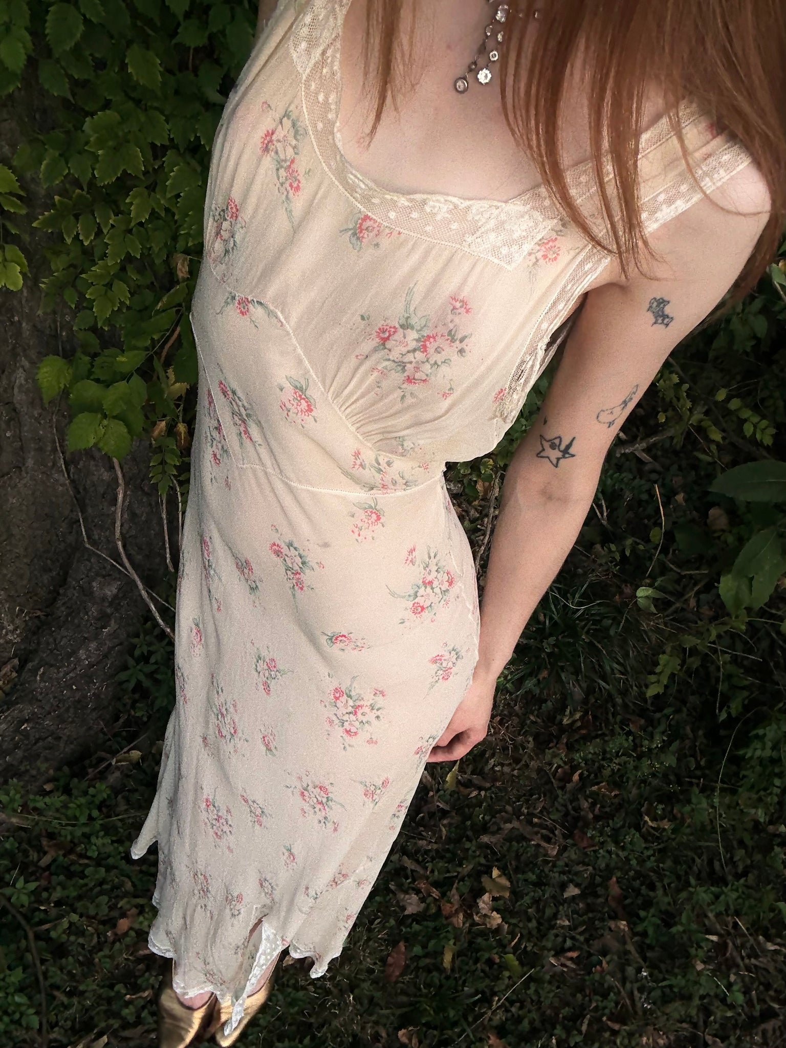 1930s Silk Chiffon Floral Print Cream Lace Bias Cut Slip Dress