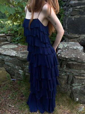 1980s Navy Blue Silk Chiffon Ruffle Cascade Dress Long Gown