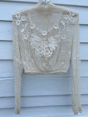 1900s Edwardian Irish Crochet 3d Butterfly White Cotton Floral Design Blouse