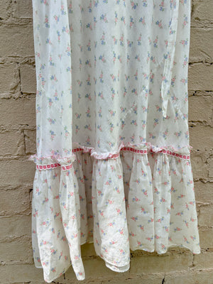 1930s White Cotton Floral Bias Cut Slip Dress Peignoir Set Puff Sleeves Pink Ribbon Rose Floral
