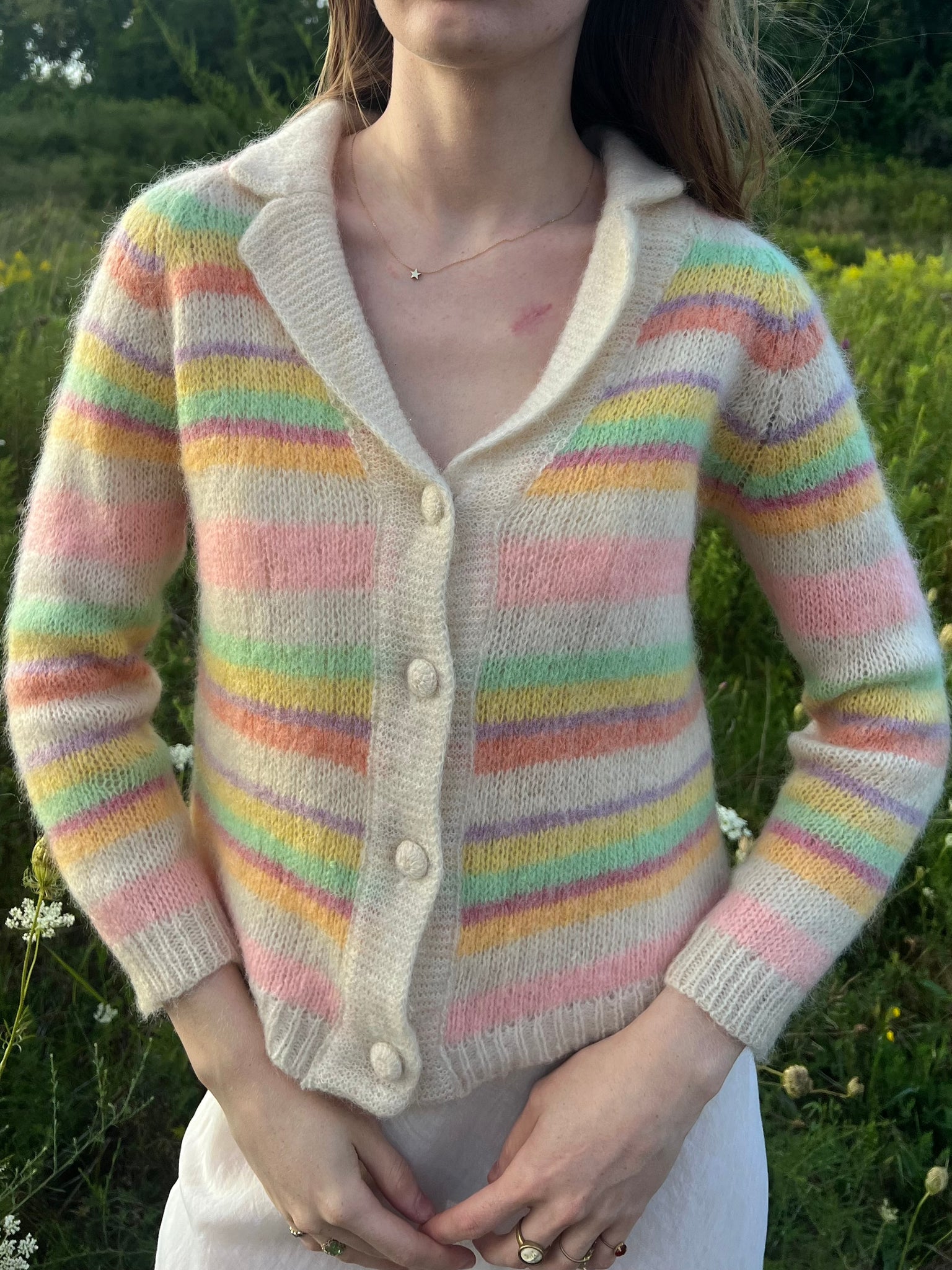 1960s Rainbow Pink Green Mohair Wool Knit Cardigan Sweater