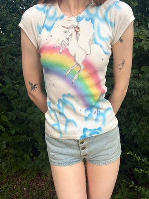 1980s Unicorn Pink Tee T Shirt Short Sleeve French Cut Airbrush