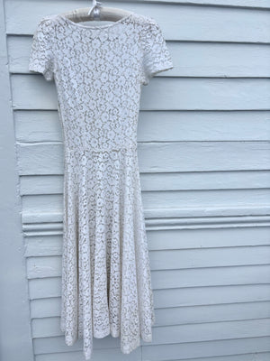 1950s White Cotton Floral Lace Fitted Short Sleeve Dress Bridal Wedding