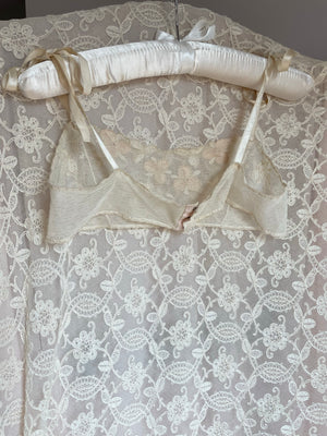 1930s Cream Mesh Floral Appliqué Bra Bralette Ribbon Tie