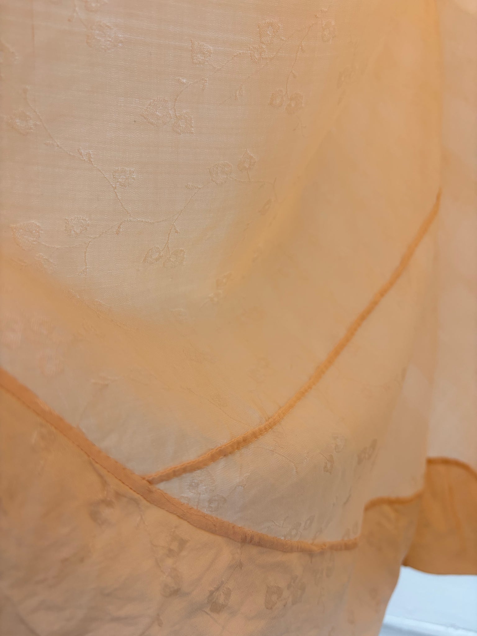 1940s Peach Brocade Silk Cream Net Floral Appliqué Bias Cut Slip Midi Dress