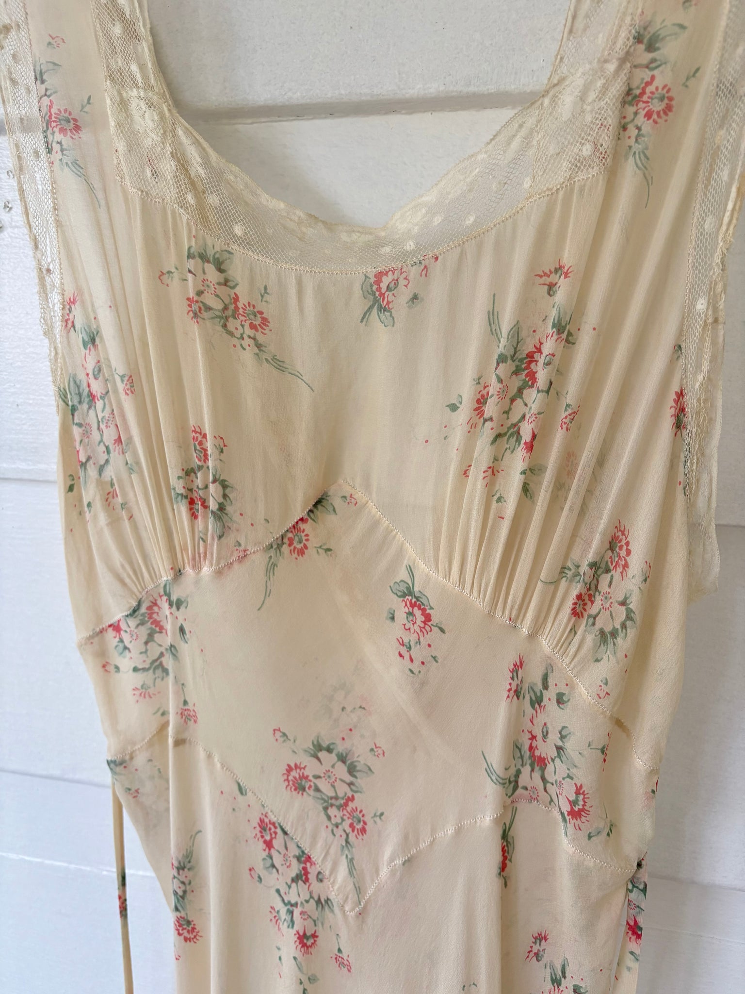 1930s Silk Chiffon Floral Print Cream Lace Bias Cut Slip Dress