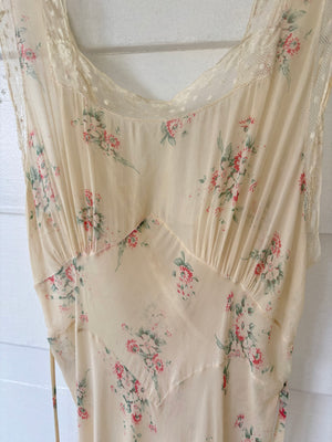 1930s Silk Chiffon Floral Print Cream Lace Bias Cut Slip Dress