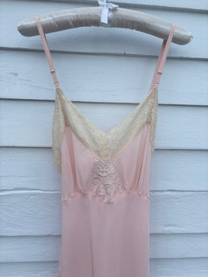 1940s Pale Pink Rose Appliqué Bias Cut Rayon Slip Midi Dress Cream Lace