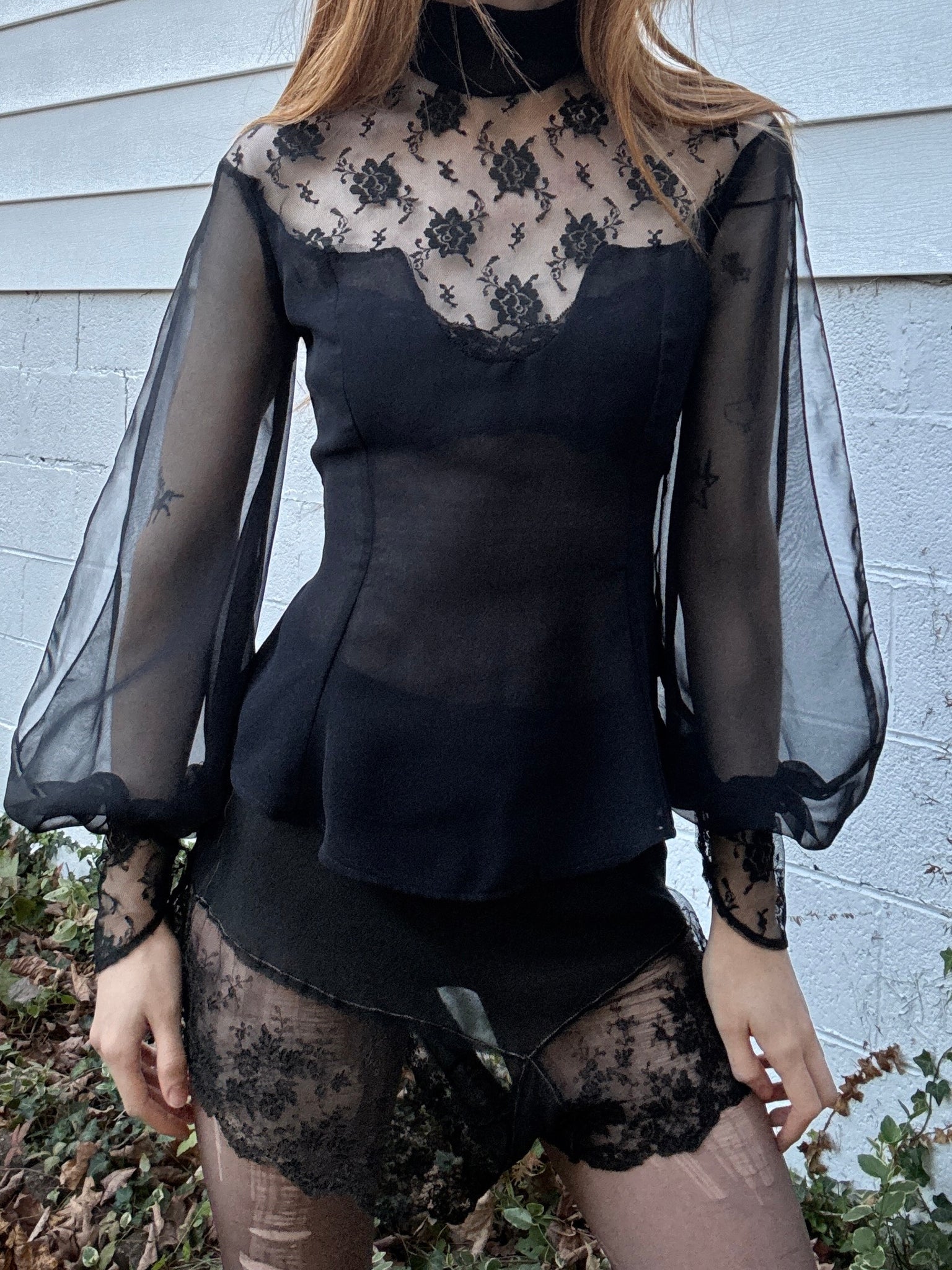 1970s Victorian Style Black Floral Mesh Sheer Lace Long Balloon Sleeve Blouse
