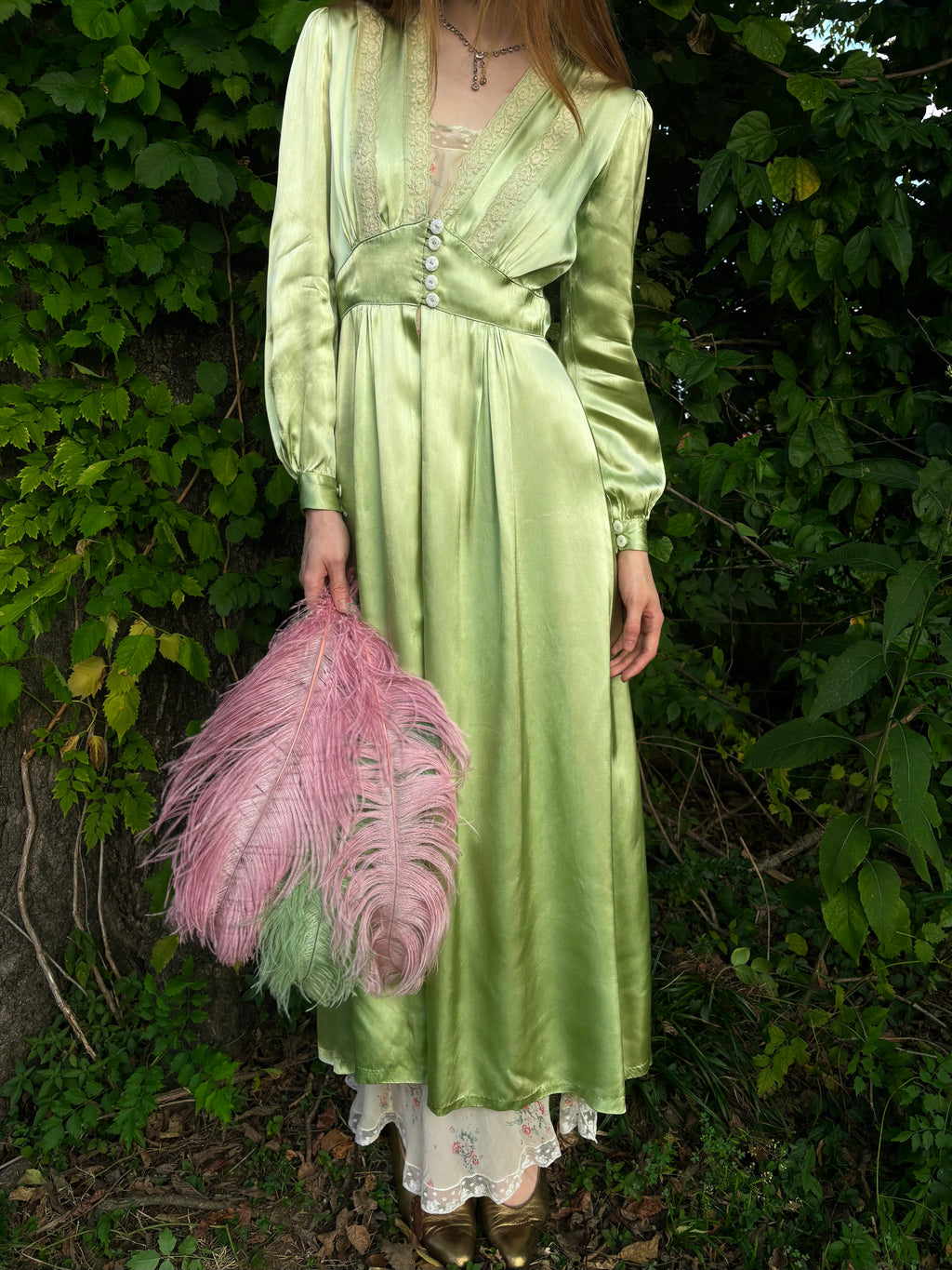 1940s Green Rayon Satin Lace Robe Peignoir