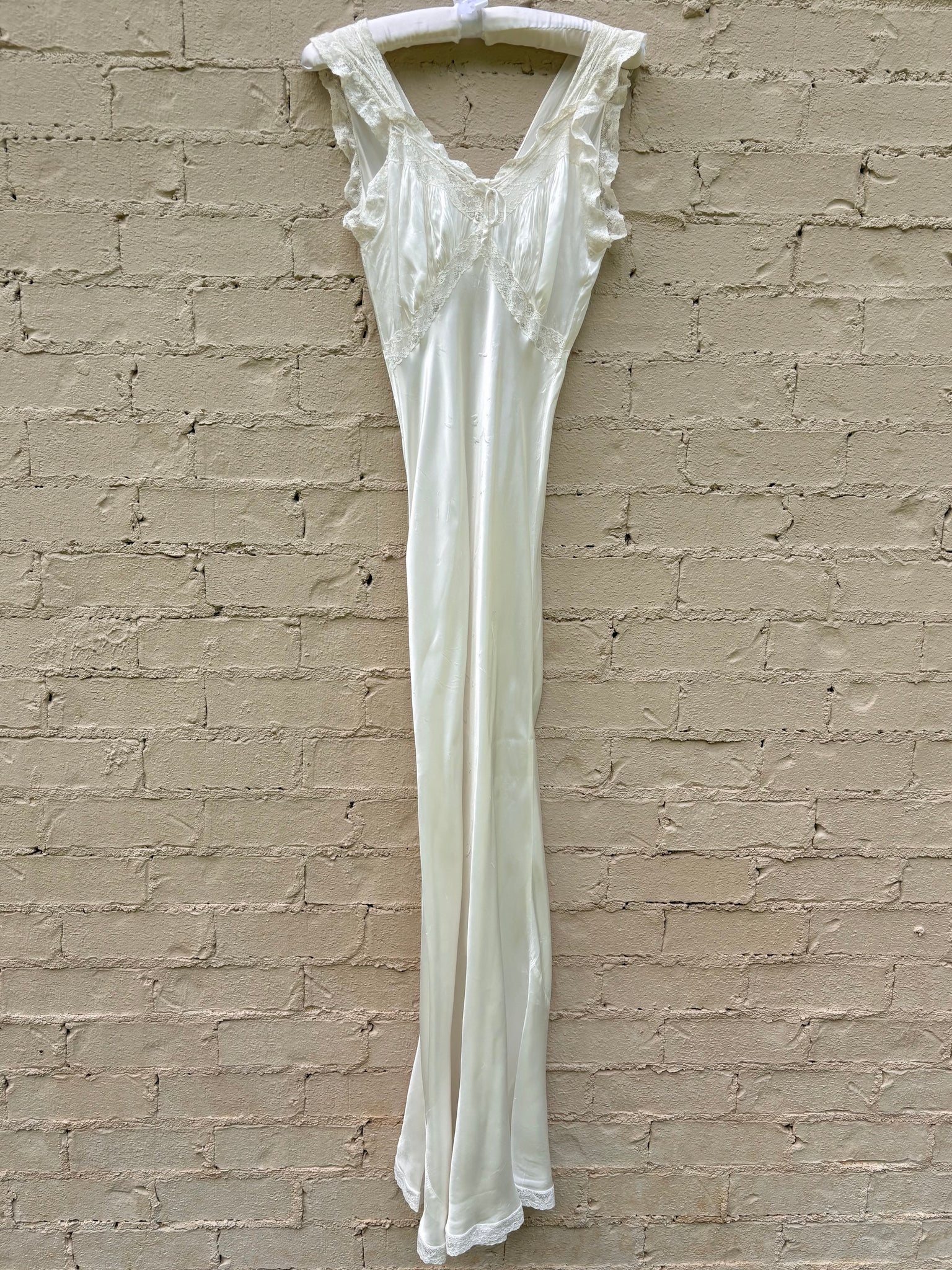 1940s Rayon Satin White Bias Cut Slip Dress Lace Wedding Gown