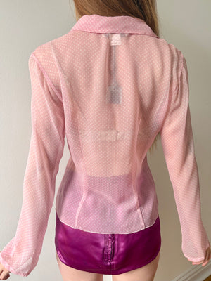 1990s Silk Chiffon Dot Print Button Up Blouse Pink White