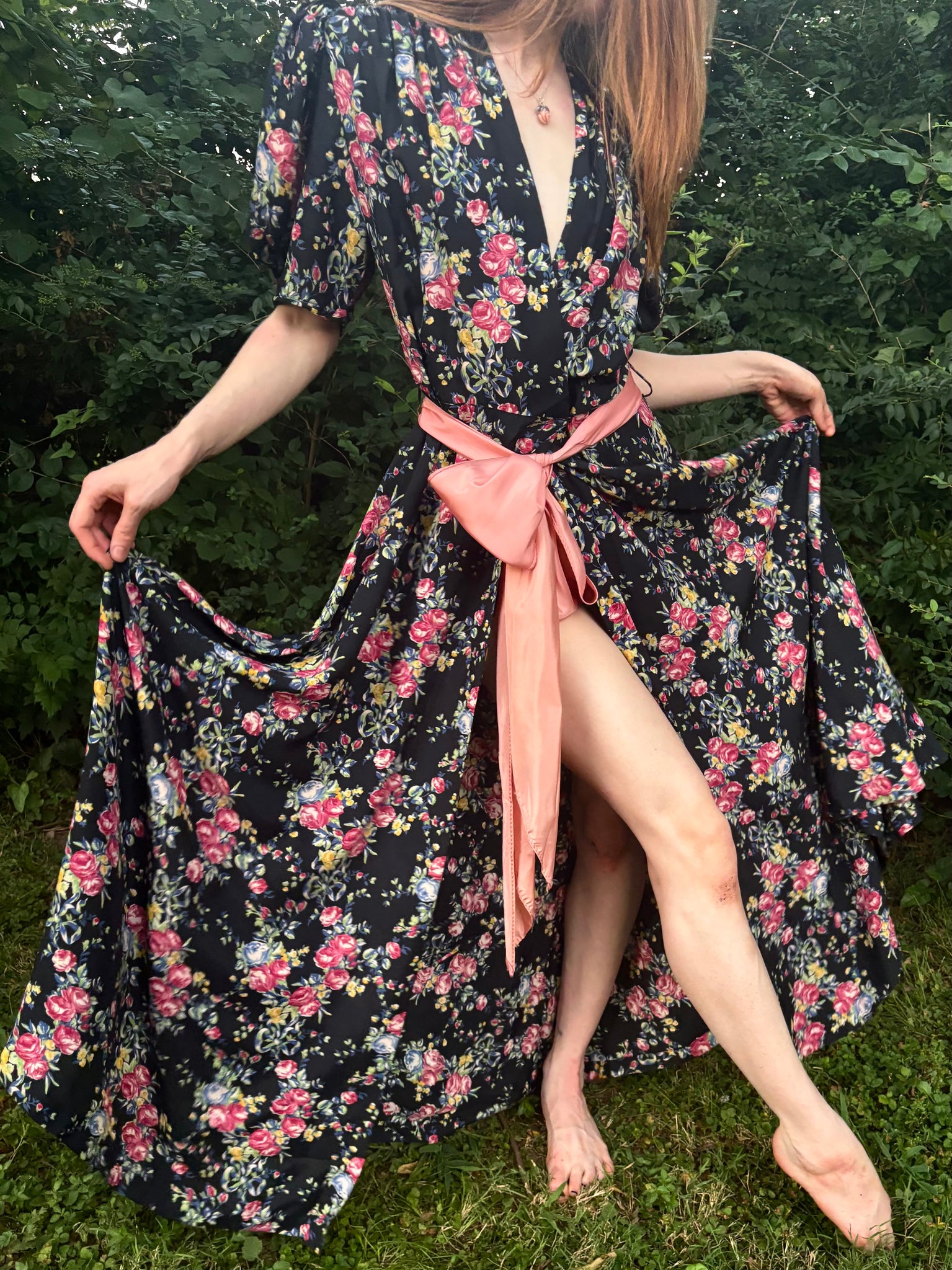 1940s Black Rose Floral Wrap Dress Printed Rayon Puff Sleeve