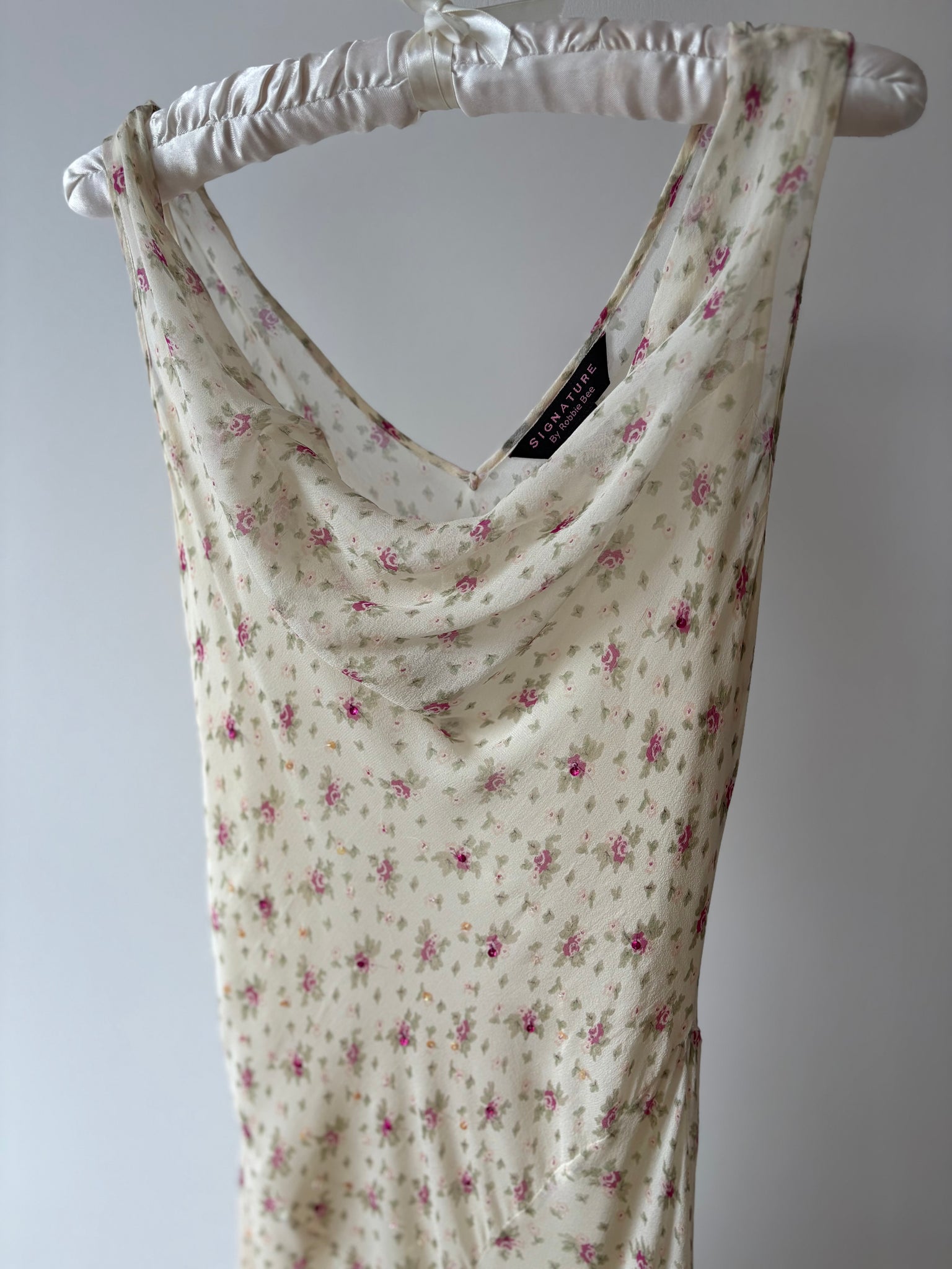 1990s Silk Chiffon Floral Cream Cowl Neck Bias Cut Slip Dress
