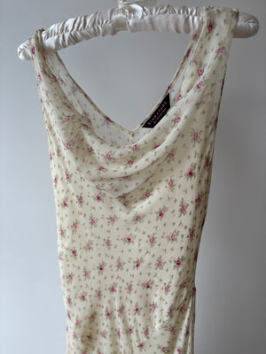 1990s Silk Chiffon Floral Cream Cowl Neck Bias Cut Slip Dress